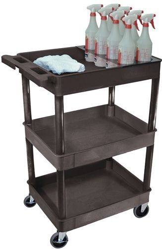 Luxor STC111H-B Tub Cart with Bottle Holder and 3 Shelves, Black; Made of high density polyethylene structural foam molded plastic shelves and legs that won't stain, scratch, dent or rust; Retaining lip around the back and sides of flat shelves; Includes four heavy duty 4