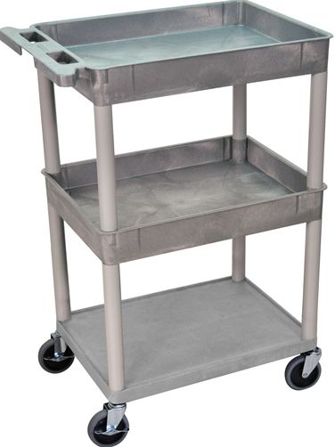 Luxor STC112-G Top/Middle Tub & Flat Bottom Shelf Cart, Gray; Made of high density polyethylene structural foam molded plastic shelves and legs that won't stain, scratch, dent or rust; Retaining lip around the back and sides of flat shelves; Includes four heavy duty 4