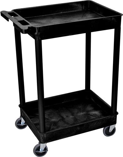 Luxor STC11-B Tub Cart with 2 Shelves, Black; Made of high density polyethylene structural foam molded plastic shelves and legs that won't stain, scratch, dent or rust; Retaining lip around the back and sides of flat shelves; Includes four heavy duty 4