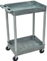 Luxor STC11-G Tub Cart with 2 Shelves, Gray; Made of high density polyethylene structural foam molded plastic shelves and legs that won't stain, scratch, dent or rust; Retaining lip around the back and sides of flat shelves; Includes four heavy duty 4" casters, two with brake; Has a push handle molded into the top shelf; UPC 812552014035 (STC11G STC11 STC-11-G STC 11-G ST-C11-G) 