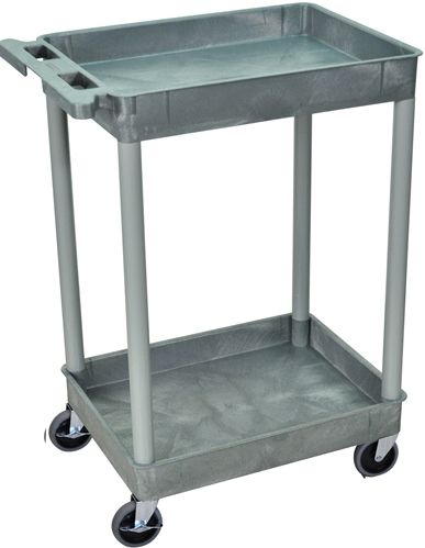 Luxor STC11-G Tub Cart with 2 Shelves, Gray; Made of high density polyethylene structural foam molded plastic shelves and legs that won't stain, scratch, dent or rust; Retaining lip around the back and sides of flat shelves; Includes four heavy duty 4