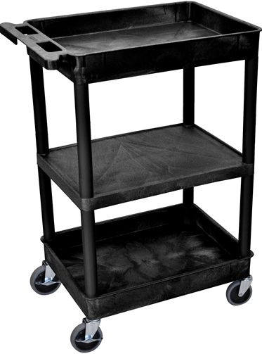 Luxor STC121-B Top/Bottom Tub & Flat Middle Shelf Cart, Black; Made of high density polyethylene structural foam molded plastic shelves and legs that won't stain, scratch, dent or rust; Retaining lip around the back and sides of flat shelves; Includes four heavy duty 4