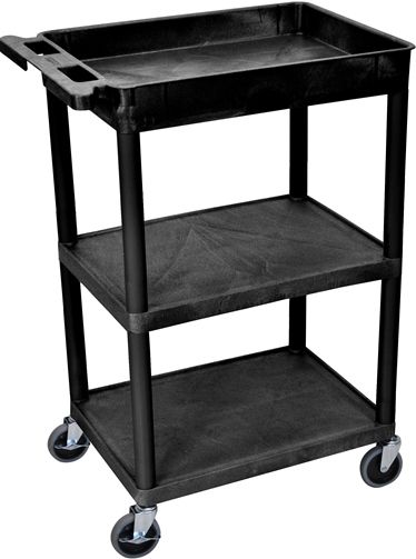Luxor STC122-B Tub Top & Flat Middle/Bottom Shelf Cart, Black; Made of high density polyethylene structural foam molded plastic shelves and legs that won't stain, scratch, dent or rust; Retaining lip around the back and sides of flat shelves; Includes four heavy duty 4