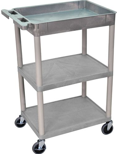 Luxor STC122-G Tub Top & Flat Middle/Bottom Shelf Cart, Gray; Made of high density polyethylene structural foam molded plastic shelves and legs that won't stain, scratch, dent or rust; Retaining lip around the back and sides of flat shelves; Includes four heavy duty 4