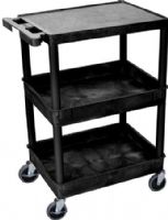 Luxor STC211-B Flat Top and Tub Middle/Bottom Shelf Cart, Black; High density polyethylene structural molded shelves that will not rust, stain, or dent; 2 3/4 inch deep tub middle and bottom shelves; Four inch industrial grade casters two with locking brake; Unit is 36 1/2 inches tall; Dimensions 18" x 24"; UPC 812552014110 (STC211B STC211 STC-211-B ST-C211-B) 