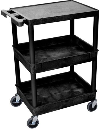 Luxor STC211-B Flat Top and Tub Middle/Bottom Shelf Cart, Black; High density polyethylene structural molded shelves that will not rust, stain, or dent; 2 3/4 inch deep tub middle and bottom shelves; Four inch industrial grade casters two with locking brake; Unit is 36 1/2 inches tall; Dimensions 18