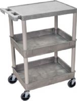 Luxor STC211-G Flat Top and Tub Middle/Bottom Shelf Cart, Gray; High density polyethylene structural molded shelves that will not rust, stain, or dent; 2 3/4 inch deep tub middle and bottom shelves; Four inch industrial grade casters two with locking brake; Unit is 36 1/2 inches tall; Dimensions 18" x 24"; UPC 812552014127 (STC211G STC211 STC-211-G ST-C211-G) 