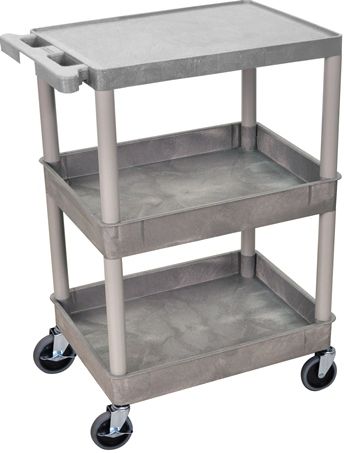 Luxor STC211-G Flat Top and Tub Middle/Bottom Shelf Cart, Gray; High density polyethylene structural molded shelves that will not rust, stain, or dent; 2 3/4 inch deep tub middle and bottom shelves; Four inch industrial grade casters two with locking brake; Unit is 36 1/2 inches tall; Dimensions 18