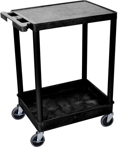 Luxor STC21-B Flat Top and Tub Bottom Shelf Cart, Black; Made of high density polyethylene structural foam molded plastic shelves and legs that won't stain, scratch, dent or rust; Retaining lip around the back and sides of flat shelves; Includes four heavy duty 4