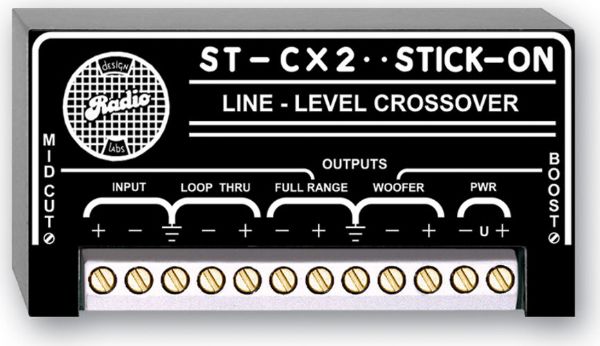 RDL ST-CX2 Stick On Series Two Band Active Line-level Crossover, Active low frequency woofer equalization, Active full range equalization, Adjustable equalization, Crossover with loop-through output, Low noise and low distortion crossover, RDL SupplyFlex power input configuration, Dimensions 1.77