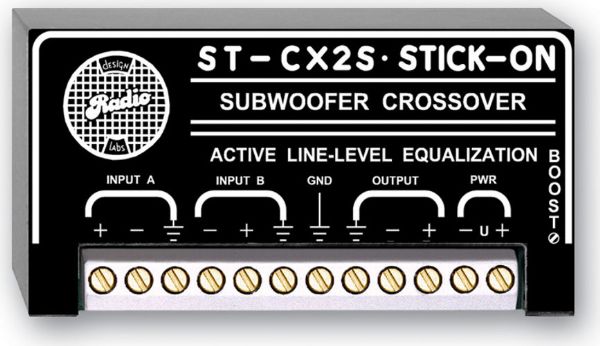 RDL ST-CX2S Stick On Series Subwoofer Crossover Filter, Active subwoofer equalization, Subwoofer signal from stereo source, Adjustable low frequency boost, Low noise and low distortion crossover, Active crossover component, RDL SupplyFlex power input configuration, Dimensions 1.77
