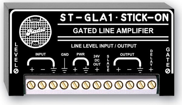 RDL ST-GLA1 Stick On Series Gated Line Amplifier, Noise Gate; Gated line level preamplifier; Self gating to suppress unwanted noise; Fast, silent audio switching; Integral single ended noise reduction; Adjustable gain and threshold; Balanced or unbalanced input output; Open collector logic output; Dimensions 0.70