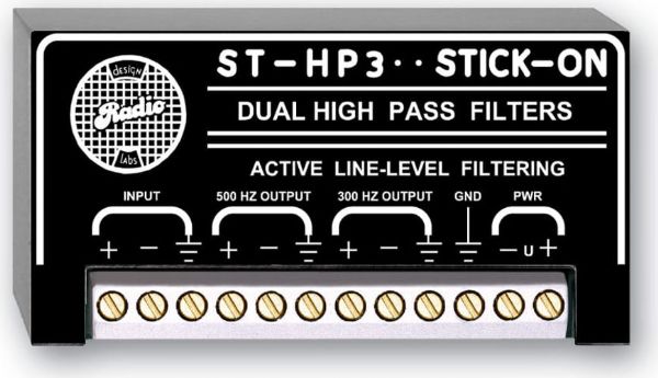RDL ST-HP3 Stick On Series High Pass Filter, 300 Hz and 500 Hz; Horn loudspeaker protection; Low frequency attenuation below 300 Hz; Low frequency attenuation below 500 Hz; Line level input and outputs; Filtering requiring no field adjustment; RDL SupplyFlex power input configuration; Dimensions 1.60