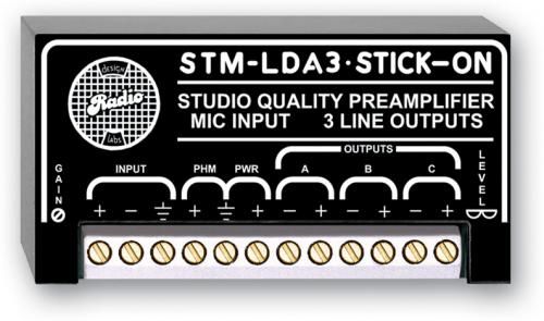 Radio Design Labs STM-LDA3 Studio Quality Microphone Preamplifier with phantom - 3 line outputs, Three Distributed Line-Level Outputs, Low-Noise and Low-Distortion Performance, Selectable Filtered Phantom Voltage, Adjustable Gain up to 60 dB, RDL's Exclusive Dual-LED VU Metering, Versatility of STICK-ON Compactness (STMLDA3 STM-LDA3 STM-LDA3)