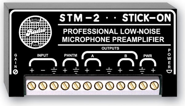 RDL STM-2 Stick On Series Adjustable Gain Microphone Preamplifier, 35 To 65 dB Gain; Low noise mic preamplifier; Adjustable output level; High or low impedance mic inputs; Mic input to 2 line outputs; Two balanced or unbalanced outputs; Phantom capability; RF filtered inputs; Dimensions 0.70