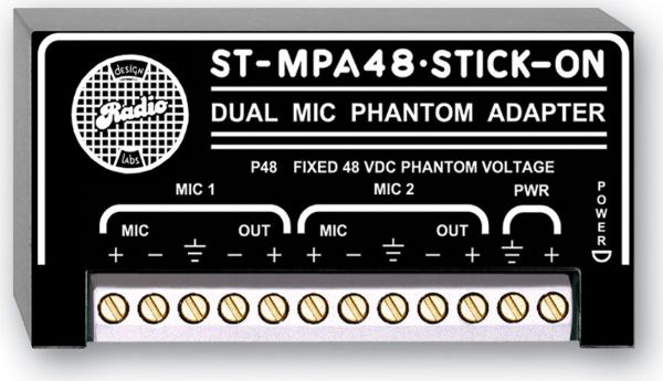 RDL ST-MPA48 Stick On Series Dual Microphone Phantom Adapter For Two Mics, 48 Vdc fixed phantom voltage, P48 per IEC 61938, Operates from external 12V battery or 24V power supply, Phantom conversion with full frequency response, Dimensions 3.03