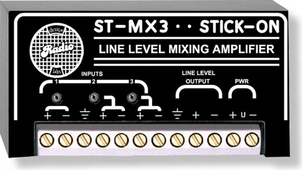 RDL ST-MX3 Stick On Series 3 Channel Audio Mixer Line Input And Output; Mix line level signals; Three individually adjustable inputs; Add additional line level inputs to an existing mixer; Combine signals of different level, impedance or balanced unbalanced configuration; UPC 813721011015 (STMX3 STM-X3 STMX-3 RDLS-TMX3 RDLSTM-X3 RDLSTMX-3)