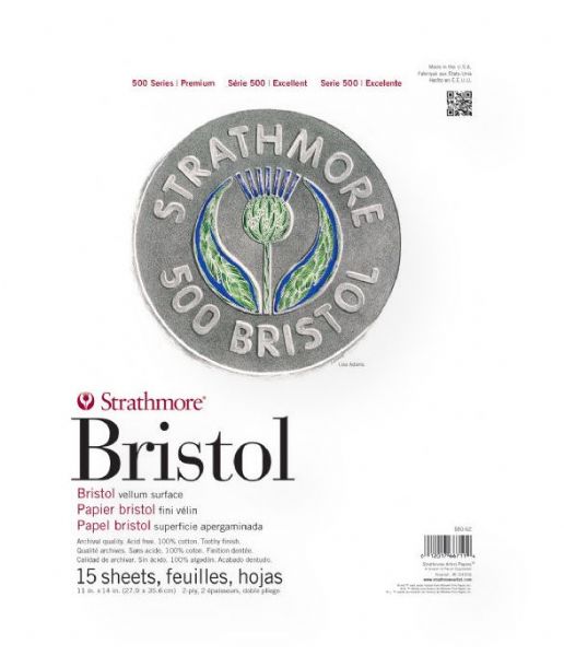 Strathmore 580-62 Series 500 2-Ply 11 x 14 Vellum Tape Bound Bristol Pad; Created in 1893, this 100% cotton bristol is an industry standard; Plate surface has an ultra-smooth finish that is unsurpassed for detailed work with technical pen, airbrush, and marker; UPC 012017667114 (STRATHMORE58062 STRATHMORE-58062 500-SERIES-580-62 STRATHMORE-58062 DRAWING MARKER)