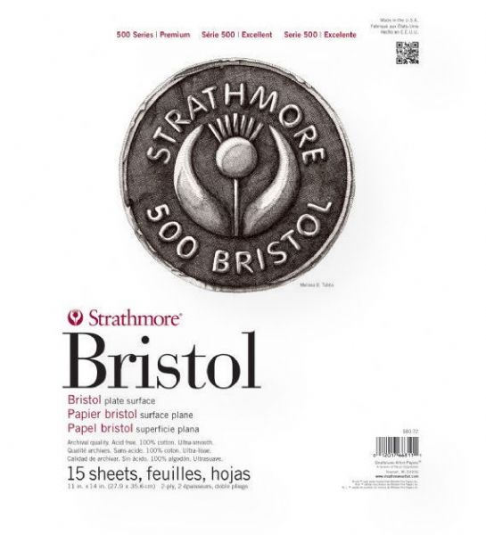 Strathmore 580-72 500 Series 11 x 14 2-Ply Plate Tape Bound Bristol Pad; Created in 1893, this 100% cotton bristol is an industry standard; Plate surface has an ultra-smooth finish that is unsurpassed for detailed work with technical pen, airbrush, and marker; UPC 012017668111 (STRATHMORE58072 STRATHMORE-58072 500-SERIES-580-72 STRATHMORE/58072 DRAWING SKETCHING)