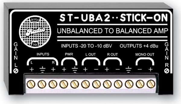 RDL ST-UBA2 Stick On Series Unbalanced to Balanced Amplifier, Convert stereo IHF levels to stereo PRO, Additional MONO sum output, Independently adjustable gain, Ground referenced conversion module, LED VU metering for each channel, Unparalleled audio performance, Shipping Dimensions 2.00