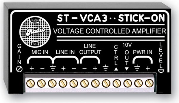 RDL ST-VCA3 Stick On Series Voltage Controlled Amplifier, Audio level control from a DC voltage, Audio level remote control, Two wire with shield or three wire control, VCA with microphone or line level input, VCA with line level output, VCA with LED metering of operating level, Dimensions 0.70