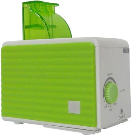 Sunpentown SU-1053G Personal Humidifier, Green & White, Cool mist (ultrasonic technology), 3 bottle adapters included, 120cc/hour humidity output, Adjustable mist, Uses water bottle instead of water tank, Water low indicator, Quiet operation, Low power consumption, Noise level @ 1ft 30.66 highest/30.68 lowest, UL listed AC adapter, UPC 876840005693 (SU1053G SU 1053G SU-1053)