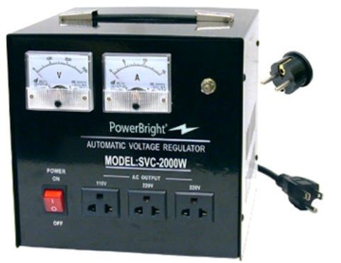 PowerBright SVC-2000 Voltage Regulator, 2000 Watt Heavy duty voltage regulator for continuous use, Fully automatic servo motor-type A.C. voltage regulator, can be used in 110 volt countries and 200-220-240 volt countries, 2000 watts Capacity, 110/200/220/240 Volt Input, 110/220-240 Volt Output, 9.5W x 9.0H x 9.0D in. Dimensions (SVC2000 SVC 2000 SVC200 SVC-200 Power Bright)
