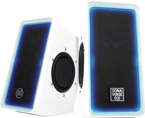 GOGroove SVO2I100WTUS SonaVerse O2i Multimedia Gaming Computer Speaker System; Designed with rear-loaded volume control, alluring blue LED lights and two front-loaded 3.5W drivers; Plug-N-Play for exceptional audio; 2.0 Channel USB Powered; 7W (3.5W x 2) RMS/14W Peak Power; Impedance 4 Ohms; Sensitivity 50dB; UPC 637836519002 (SVO2I-100WTUS SVO-2I100W-TUS SVO-2I100WTUS SVO2I100W-TUS)