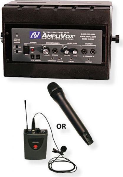 Amplivox SW1230 Mity Box Amplified Speaker with Wireless Microphone; Built‐in 50 watt amplifier with 16 channel UHF receiver plus your choice of wireless microphone with transmitter, choose either handheld or lapel (unit will be shipped with handheld mic unless another mic is specified); 6