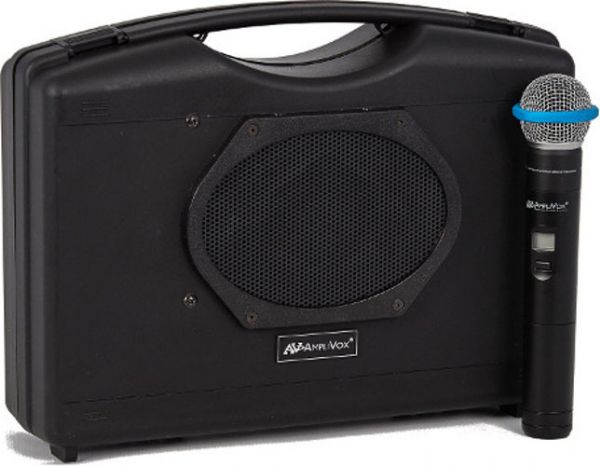 Amplivox SW223A Wireless Audio Portable Buddy with Wireless Handheld Microphone; 50 Watt multimedia stereo amplifier; Includes built-in 16-channel UHF wireless receiver; Wireless handheld mic with built-in transmitter; Stream audio from any Bluetooth equipped smartphone or tablet; Built-in 6