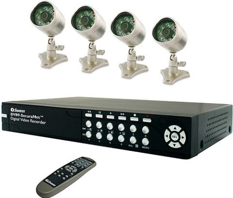 Swann SW244-4SB SecuraNet 4 Bulldog Combo Kit, NTSC/PAL Signal System, MPEG4 DVR Compression, 4x Inputs, 1x Output Alarm I/O, RJ-45 (10/100 Base-T) Network Interface, TCP/IP Network Protocol Support, NTSC/PAL Camera Signal System, 1/4