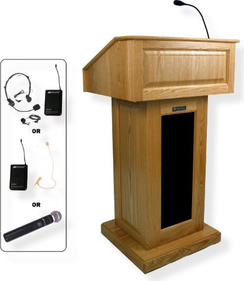 Amplivox SW3020 Wireless Victoria Lectern, Oak; For audiences up to 3250 people and room size up to 26000 Sq ft; Built-in UHF 16 channel wireless receiver (584 MHz - 608 MHz); Choice of wireless mic, lapel and headset, flesh tone over-ear, or handheld microphone; 150 watt multimedia stereo amplifier; UPC 734680130206 (SW3020 SW3020OK SW3020-OK SW-3020-OK AMPLIVOXSW3020 AMPLIVOX-SW3020OK AMPLIVOX-SW3020-OK)