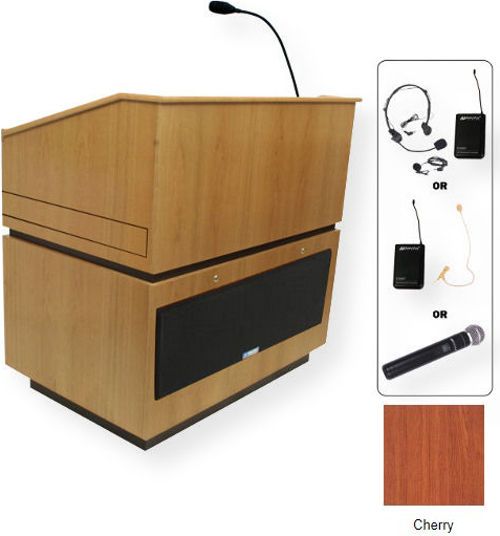 Amplivox SW3030 Wireless Coventry Lectern with Sound System, Cherry; For audiences up to 3250 and Room size up to 26000 Sq ft; Built-in UHF 16 channel wireless receiver (584 MHz - 608 MHz); Choice of wireless mic, lapel and headset, flesh tone over-ear, or handheld microphone; 150 watt multimedia stereo amplifier; UPC 734680130336 (SW3030 SW3030CH SW3030-CH SW-3030-CH AMPLIVOXSW3030 AMPLIVOX-SW3030CH AMPLIVOX-SW3030-CH)