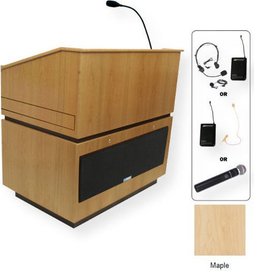 Amplivox SW3030 Wireless Coventry Lectern with Sound System, Maple; For audiences up to 3250 and Room size up to 26000 Sq ft; Built-in UHF 16 channel wireless receiver (584 MHz - 608 MHz); Choice of wireless mic, lapel and headset, flesh tone over-ear, or handheld microphone; 150 watt multimedia stereo amplifier; UPC 734680130374 (SW3030 SW3030MP SW3030-MP SW-3030-MP AMPLIVOXSW3030 AMPLIVOX-SW3030MP AMPLIVOX-SW3030-MP)