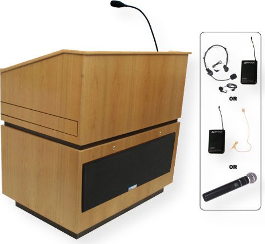 Amplivox SW3030 Wireless Coventry Lectern with Sound System, Oak; For audiences up to 3250 and Room size up to 26000 Sq ft; Built-in UHF 16 channel wireless receiver (584 MHz - 608 MHz); Choice of wireless mic, lapel and headset, flesh tone over-ear, or handheld microphone; 150 watt multimedia stereo amplifier; UPC 734680130305 (SW3030 SW3030OK SW3030-OK SW-3030-OK AMPLIVOXSW3030 AMPLIVOX-SW3030OK AMPLIVOX-SW3030-OK)