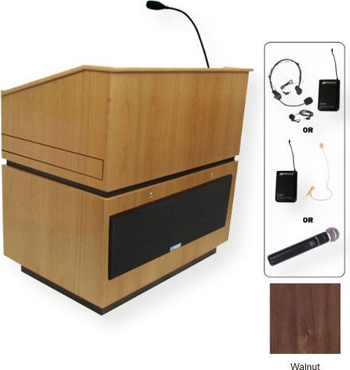 Amplivox SW3030 Wireless Coventry Lectern with Sound System, Walnut; For audiences up to 3250 and Room size up to 26000 Sq ft; Built-in UHF 16 channel wireless receiver (584 MHz - 608 MHz); Choice of wireless mic, lapel and headset, flesh tone over-ear, or handheld microphone; 150 watt multimedia stereo amplifier; UPC 734680130350 (SW3030 SW3030WT SW3030-WT SW-3030-WT AMPLIVOXSW3030 AMPLIVOX-SW3030WT AMPLIVOX-SW3030-WT)