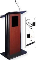 Amplivox SW3090 Wireless Flat Jewel Mahogany Lectern with Sound System, Jewel Mahogany with Black Anodized Aluminum; SW wireless model includes SW805A wireless 16 Channel UHF 50 Watt Multimedia Stereo Amplifier; Choice of wireless mic with transmitter, Flesh tone single over ear, Lapel and Headset, or Handheld Mic; UPC 734680130909 (SW3090 SW3090MH SW3090-MH SW-3090 AMPLIVOXSW3090 AMPLIVOX-SW3090MH AMPLIVOX-SW-3090) 
