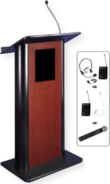 Amplivox SW3090 Wireless Flat Jewel Mahogany Lectern with Sound System, Jewel Mahogany with Black Anodized Aluminum; SW wireless model includes SW805A wireless 16 Channel UHF 50 Watt Multimedia Stereo Amplifier; Choice of wireless mic with transmitter, Flesh tone single over ear, Lapel and Headset, or Handheld Mic; UPC 734680130909 (SW3090 SW3090MH SW3090-MH SW-3090 AMPLIVOXSW3090 AMPLIVOX-SW3090MH AMPLIVOX-SW-3090)