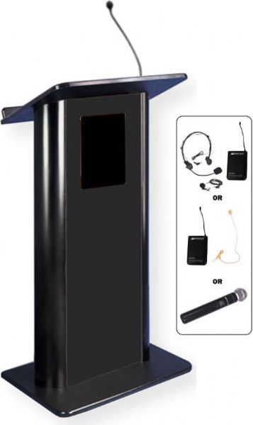 Amplivox SW3097 Wireless Flat Black Lectern with Sound System, Black with Black Anodized Aluminum; SW wireless model includes SW805A wireless 16 Channel UHF 50 Watt Multimedia Stereo Amplifier; Choice of wireless mic with transmitter, Flesh tone single over ear, Lapel and Headset, or Handheld Mic; UPC 734680130978 (SW3097 SW3097BK SW3097-BK SW-3097 AMPLIVOXSW3097 AMPLIVOX-SW3097BK AMPLIVOX-SW-3097)