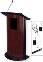 Amplivox SW3135 Curved Jewel Mahogany Lectern with Sound System, Jewel Mahogany with Black Anodized Aluminum; SW wireless model includes SW805A wireless 16 Channel UHF 50 Watt Multimedia Stereo Amplifier; Choice of wireless mic with transmitter, flesh tone single over ear, lapel and headset, or handheld mic; One built-in 6" x 8" Jensen design speaker; UPC 734680131357 (SW3135 SW3135MH SW3135-MH SW-3135 AMPLIVOXSW3135 AMPLIVOX-SW3135MH AMPLIVOX-SW-3135) 