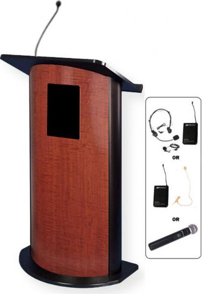 Amplivox SW3145 Curved Cherry Lectern with Sound System, Cherry with Black Anodized Aluminum; SW wireless model includes SW805A wireless 16 Channel UHF 50 Watt Multimedia Stereo Amplifier; Choice of wireless mic with transmitter, flesh tone single over ear, lapel and headset, or handheld mic; One built-in 6