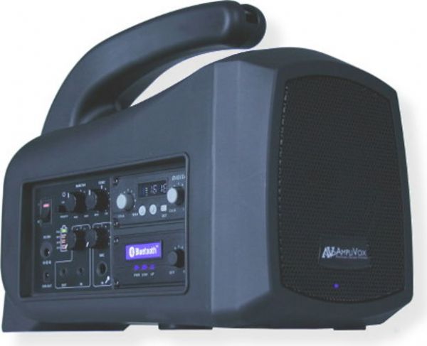 Amplivox SW320 Mity-Lite Plus Portable PA; Reach audiences up to 500 in rooms up to 1,500 sq ft; 2 - 16 Channel selectable 2.4 GHz receivers for wireless microphones; Includes 1 auto sync handheld digital 2.4 GHz wireless microphone; Built-in Bluetooth module that allows a user to stream music wirelessly with a Bluetooth enabled device; 5 inch full range speaker (4 Ohms); UPC 734680130008 (SW320 SW-320 S-W320 AMPLIVOXSW320 AMPLIVOX-SW320 AMPLIVOX-SW-320)