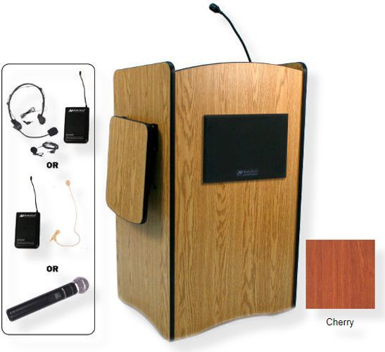 Amplivox SW3230 Wireless Multimedia Computer Lectern, Cherry; For audiences up to 1950 people and room size up to 19450 Sq ft; Built-in UHF 16 channel wireless receiver (584 MHz - 608 MHz); Choice of wireless mic, lapel and headset, flesh tone over-ear, or handheld microphone; 150 watt multimedia stereo amplifier; UPC 734680132330 (SW3230 SW3230CH SW3230-CH SW-3230-CH AMPLIVOXSW3230 AMPLIVOX-SW3230CH AMPLIVOX-SW3230-CH)