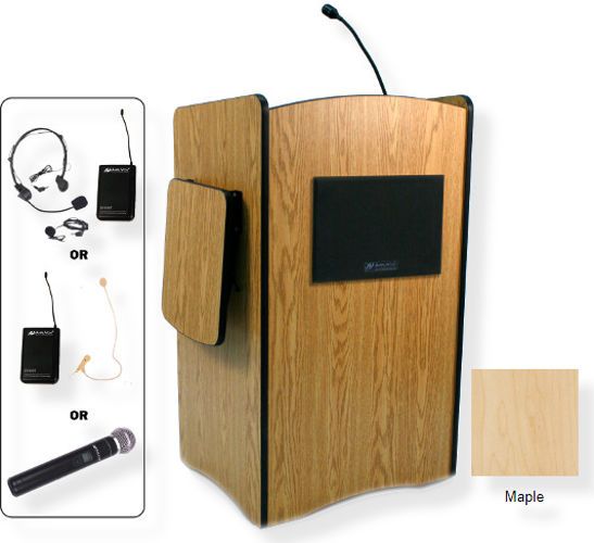 Amplivox SW3230 Wireless Multimedia Computer Lectern, Maple; For audiences up to 1950 people and room size up to 19450 Sq ft; Built-in UHF 16 channel wireless receiver (584 MHz - 608 MHz); Choice of wireless mic, lapel and headset, flesh tone over-ear, or handheld microphone; 150 watt multimedia stereo amplifier; UPC 734680132378 (SW3230 SW3230MP SW3230-MP SW-3230-MP AMPLIVOXSW3230 AMPLIVOX-SW3230MP AMPLIVOX-SW3230-MP)