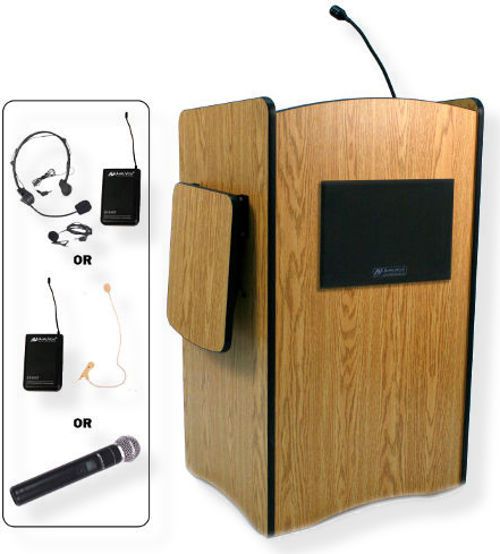 Amplivox SW3230 Wireless Multimedia Computer Lectern, Oak; For audiences up to 1950 people and room size up to 19450 Sq ft; Built-in UHF 16 channel wireless receiver (584 MHz - 608 MHz); Choice of wireless mic, lapel and headset, flesh tone over-ear, or handheld microphone; 150 watt multimedia stereo amplifier; UPC 734680132309 (SW3230 SW3230OK SW3230-OK SW-3230-OK AMPLIVOXSW3230 AMPLIVOX-SW3230OK AMPLIVOX-SW3230-OK)