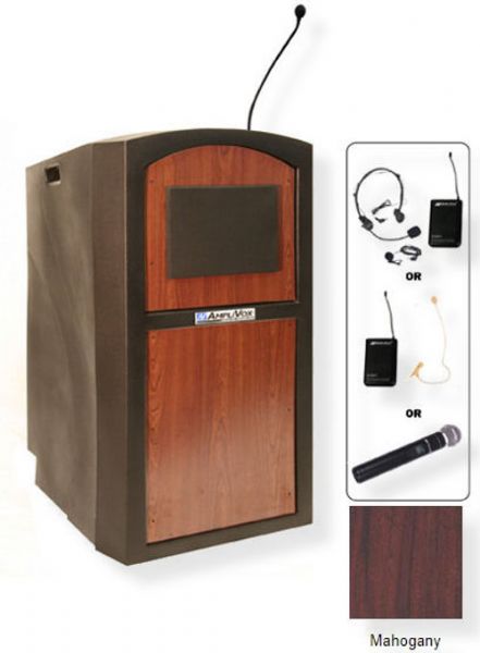 Amplivox SW3250 Wireless Pinnacle Multimedia Lectern, Mahogany; For audience size up to 1950 people and room size up to 19450 Sq ft; 150 watt multimedia stereo amplifier; 2 built-in Jensen design 6