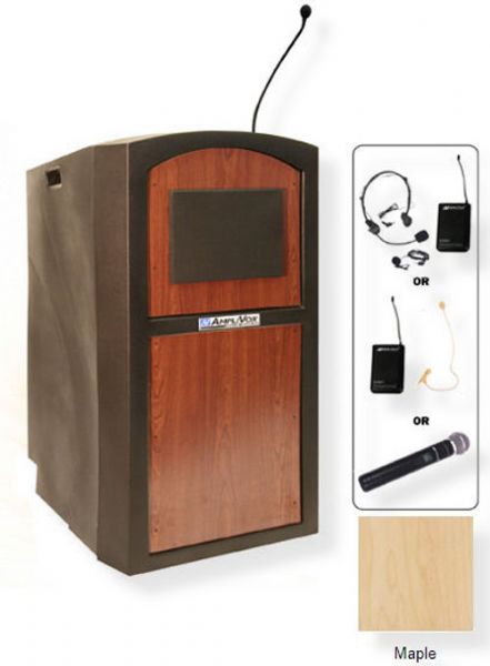 Amplivox SW3250 Wireless Pinnacle Multimedia Lectern, Maple; For audience size up to 1950 people and room size up to 19450 Sq ft; 150 watt multimedia stereo amplifier; 2 built-in Jensen design 6