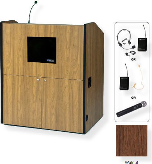 Amplivox SW3430 Wireless Multimedia Smart Podium, Walnut; For audiences up to 1950 people and room size up to 19450 Sq ft; Built-in UHF 16 channel wireless receiver (584 MHz - 608 MHz); Choice of wireless mic, lapel and headset, flesh tone over-ear, or handheld microphone; 150 watt multimedia stereo amplifier; UPC 734680134358 (SW3430 SW3430WT SW3430-WT SW-3430-WT AMPLIVOXSW3430 AMPLIVOX-SW3430WT AMPLIVOX-SW3430-WT)