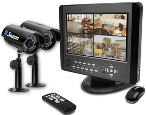 Swann SW344-DTB All-In-One 4-Channel LCD/DVR, Includes 4-Channel DVR LCD and 2 high-quality video cameras with stunning 1/3 SuperCMOS 400 TV line resolution, State-of-the-art night vision cameras can capture high-image clarity up to 30ft (9m) away, Inputs up to 4 cameras at once for a total comprehensive security solution, Plug and play technology with highly-intuitive menus and simple point-and-click mouse controls (SW344-DTB SW344 DTB SW344DTB)