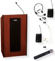 Amplivox SW450 Wireless Presidential Plus Lectern, Mahogany; For audiences up to 1500 people; Built-in UHF 16 channel wireless receiver (584 MHz - 608 MHz); Choice of wireless mic, lapel and headset, flesh tone over-ear, or handheld microphone; 50-watt multimedia stereo amplifier; Two 6" x 8" oval Jensen designed speakers; Dynamic hot gooseneck mic; UPC 734680145019 (SW450 SW450MH SW450-MH SW-450-MH AMPLIVOXSW450 AMPLIVOX-SW450MH AMPLIVOX-SW450-MH) 